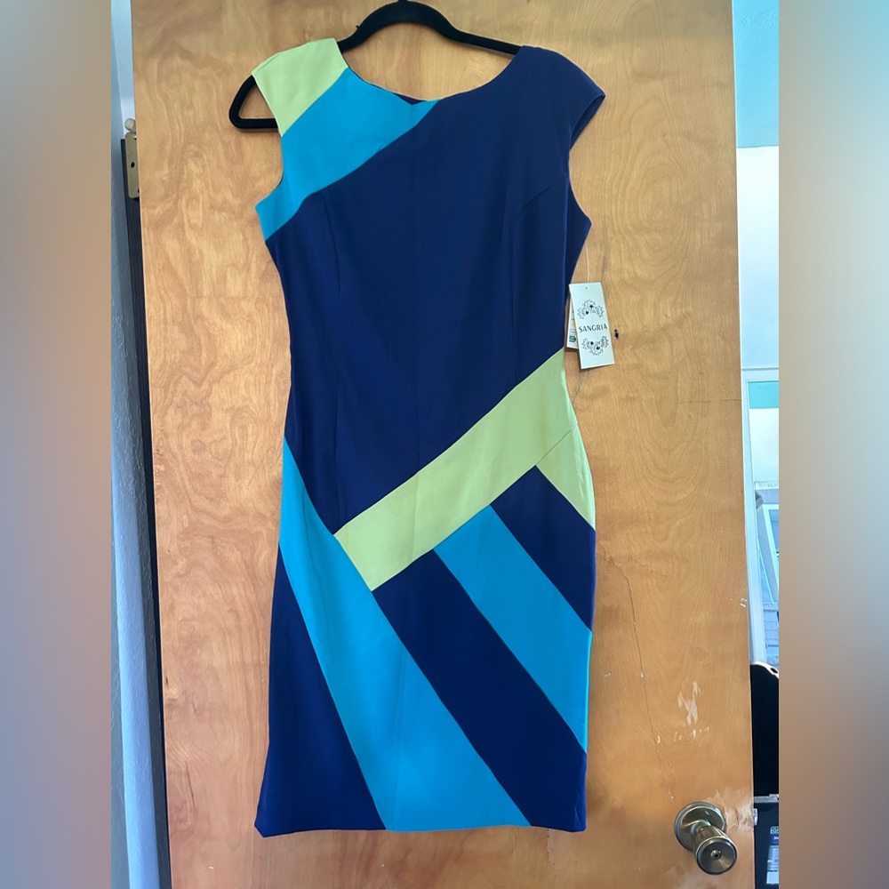 Sangria blue, teal and lime sleeveless dress, size 8, zipper back, NEW